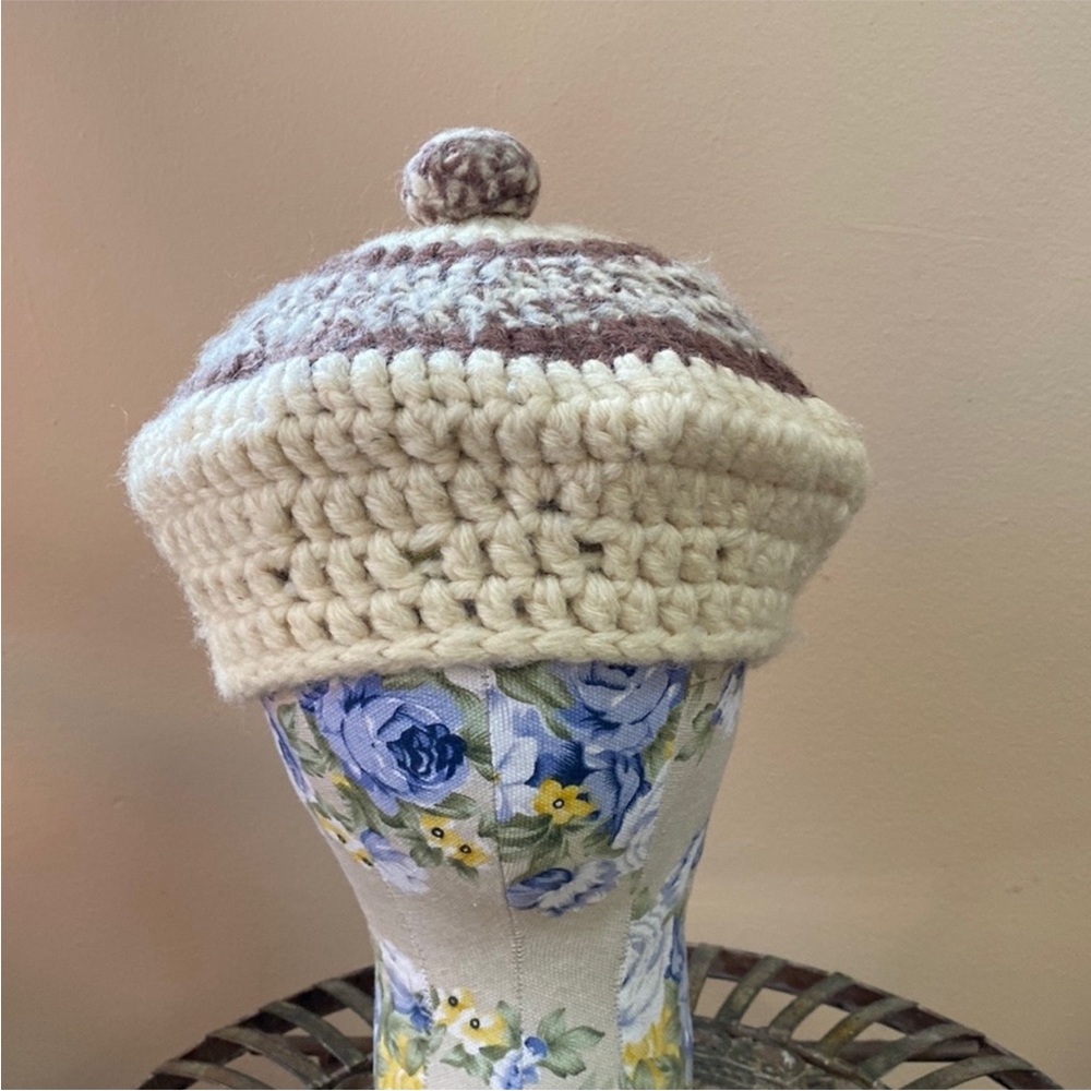 VTG Handmade Handknit Knitted Crochet Beret Pom - Picture 2 of 8